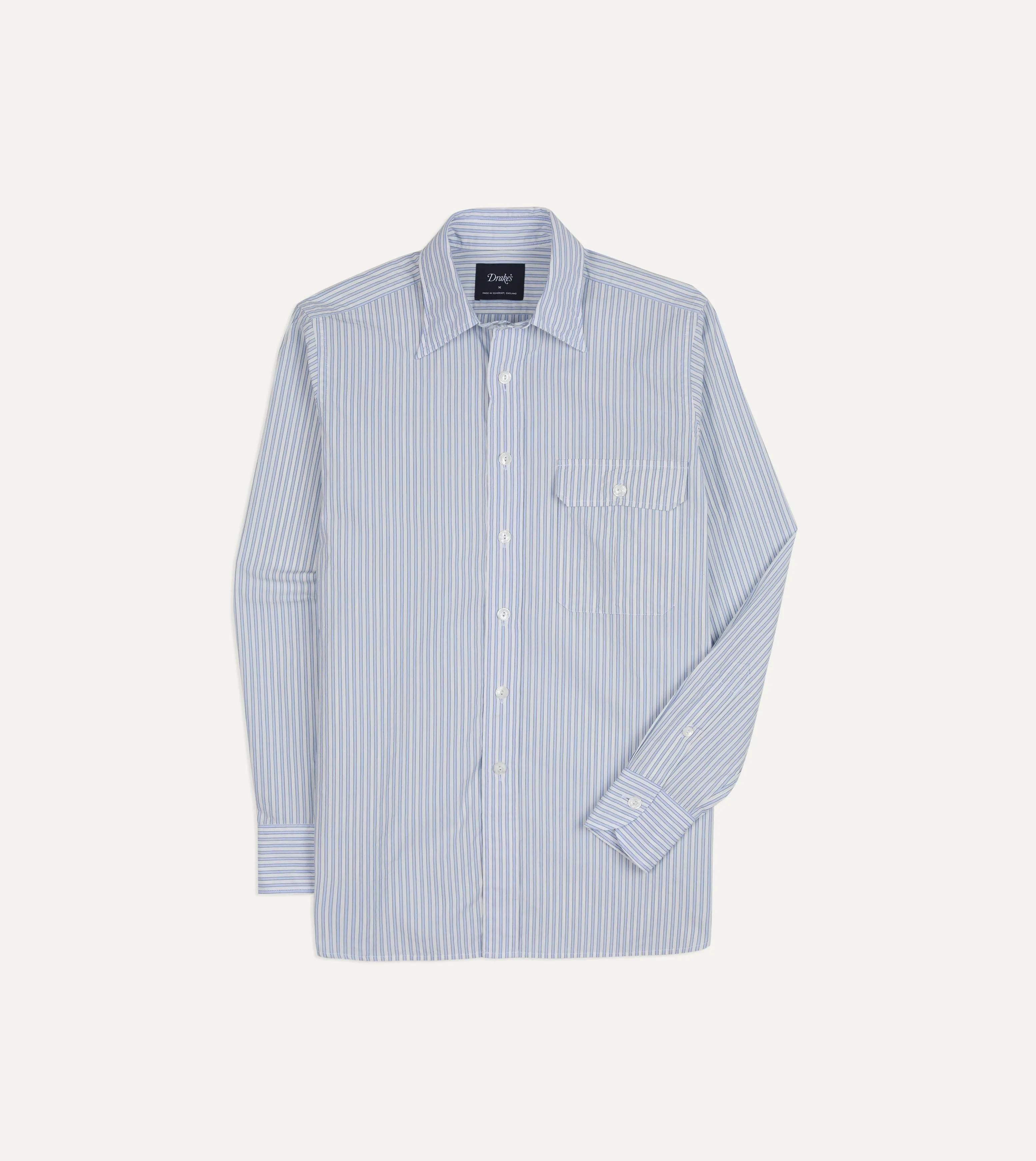 Blue and White Stripe Cotton Long Point Collar Shirt sold by Drake's London