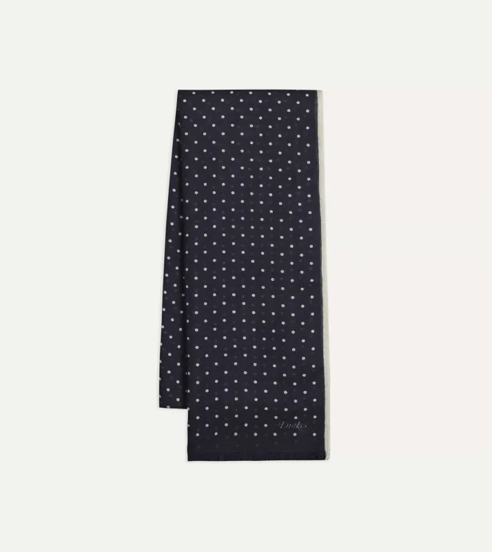 Navy Polka Dot Print Shoestring Wool-Silk Scarf made by Drake's London