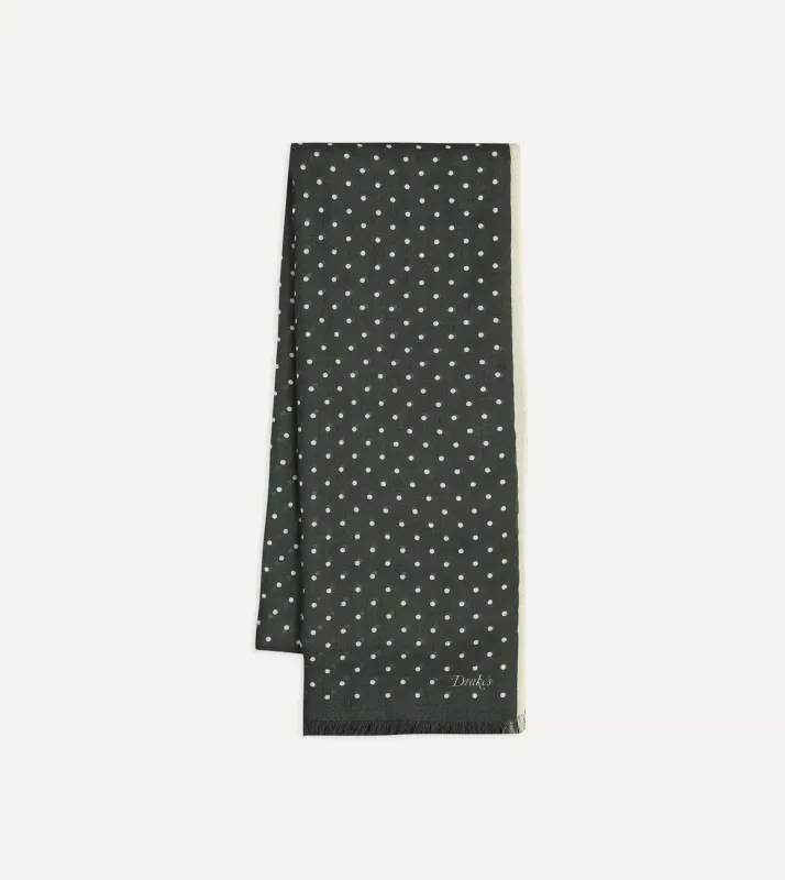 Green Polka Dot Print Shoestring Wool-Silk Scarf made by Drake's London