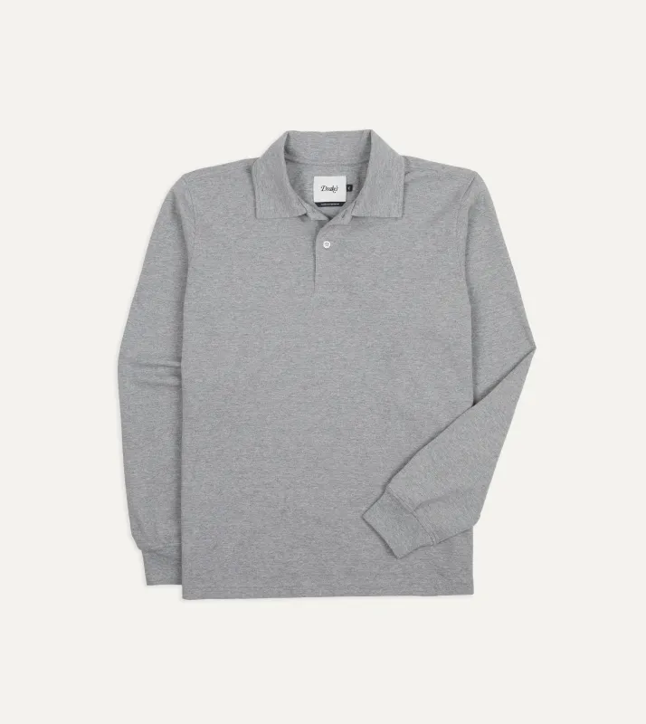 Grey Melange Cotton Jersey Long-Sleeve Polo Shirt made by Drake's London