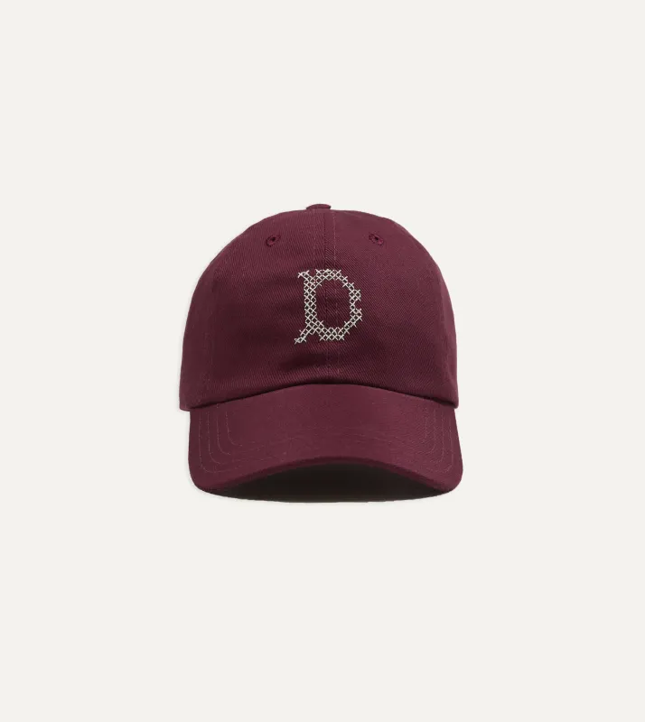 Burgundy Cross-Stitch 'D' Cotton Twill Baseball Cap made by Drake's London