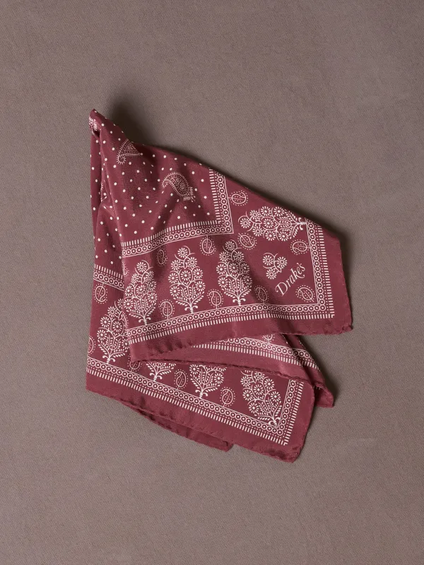 Red Paisley Spot Print Silk Pocket Square made by Drake's London