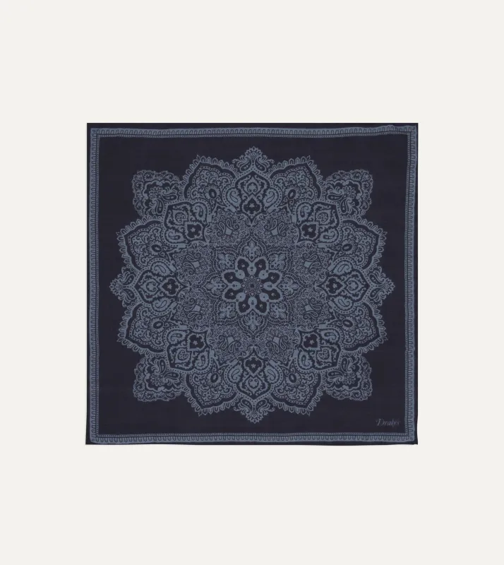 Navy Paisley Tile Print Wool-Silk Pocket Square made by Drake's London