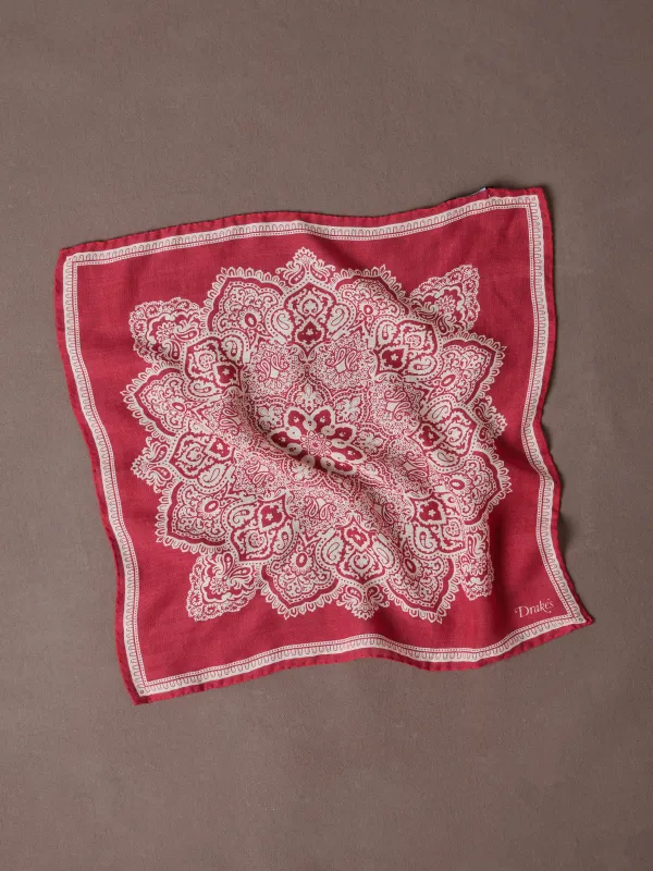 Red Paisley Tile Print Wool-Silk Pocket Square made by Drake's London
