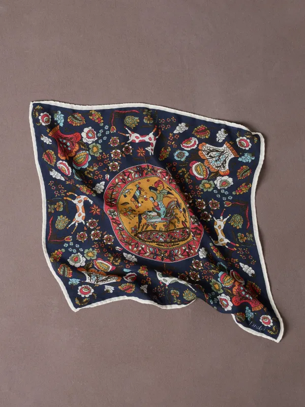 Navy Folk Rider Print Wool-Silk Pocket Square made by Drake's London