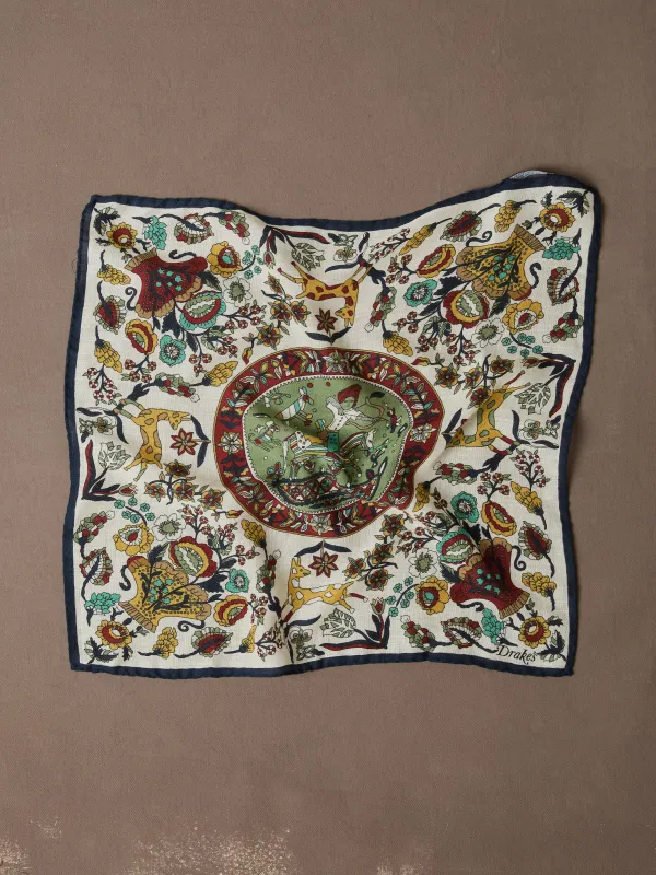 Ecru Folk Rider Print Wool-Silk Pocket Square made by Drake's London