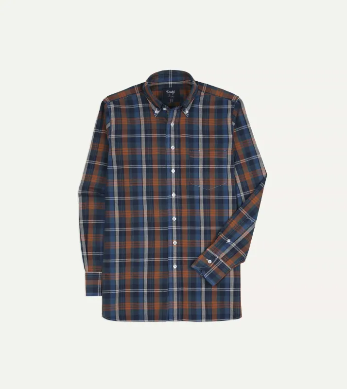 Navy and Rust Check Cotton Button-Down Shirt made by Drake's London
