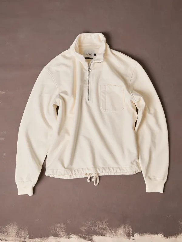 Ecru Cotton Quarter Zip Collared Drawstring Sweatshirt made by Drake's London