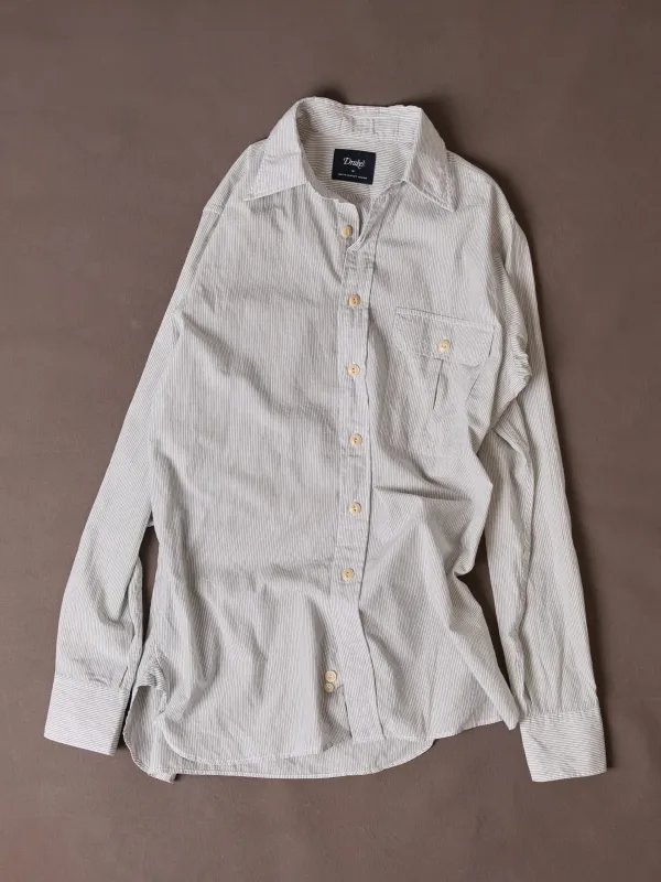 White and Navy Pinstripe Linen-Cotton Long Point Collar Shirt made by Drake's London