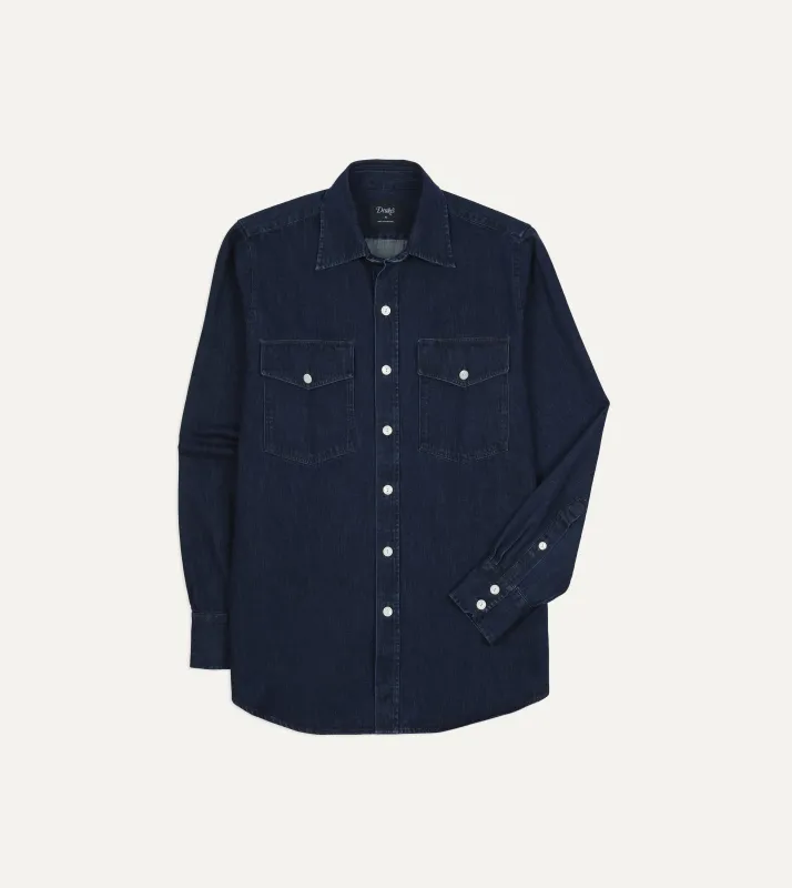 Indigo Denim Two-Pocket Long Point Collar Shirt made by Drake's London