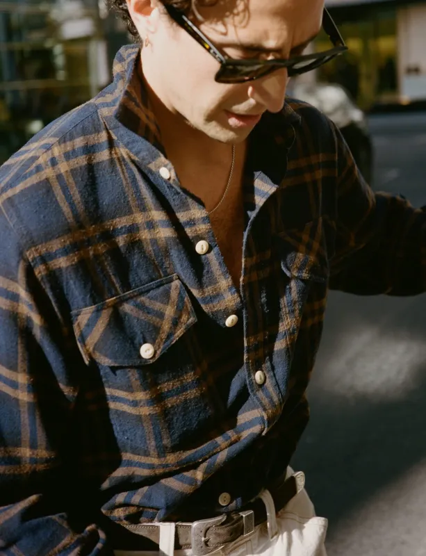 Navy and Brown Check Cotton-Silk Two-Pocket Long Point Collar Work Shirt made by Drake's London