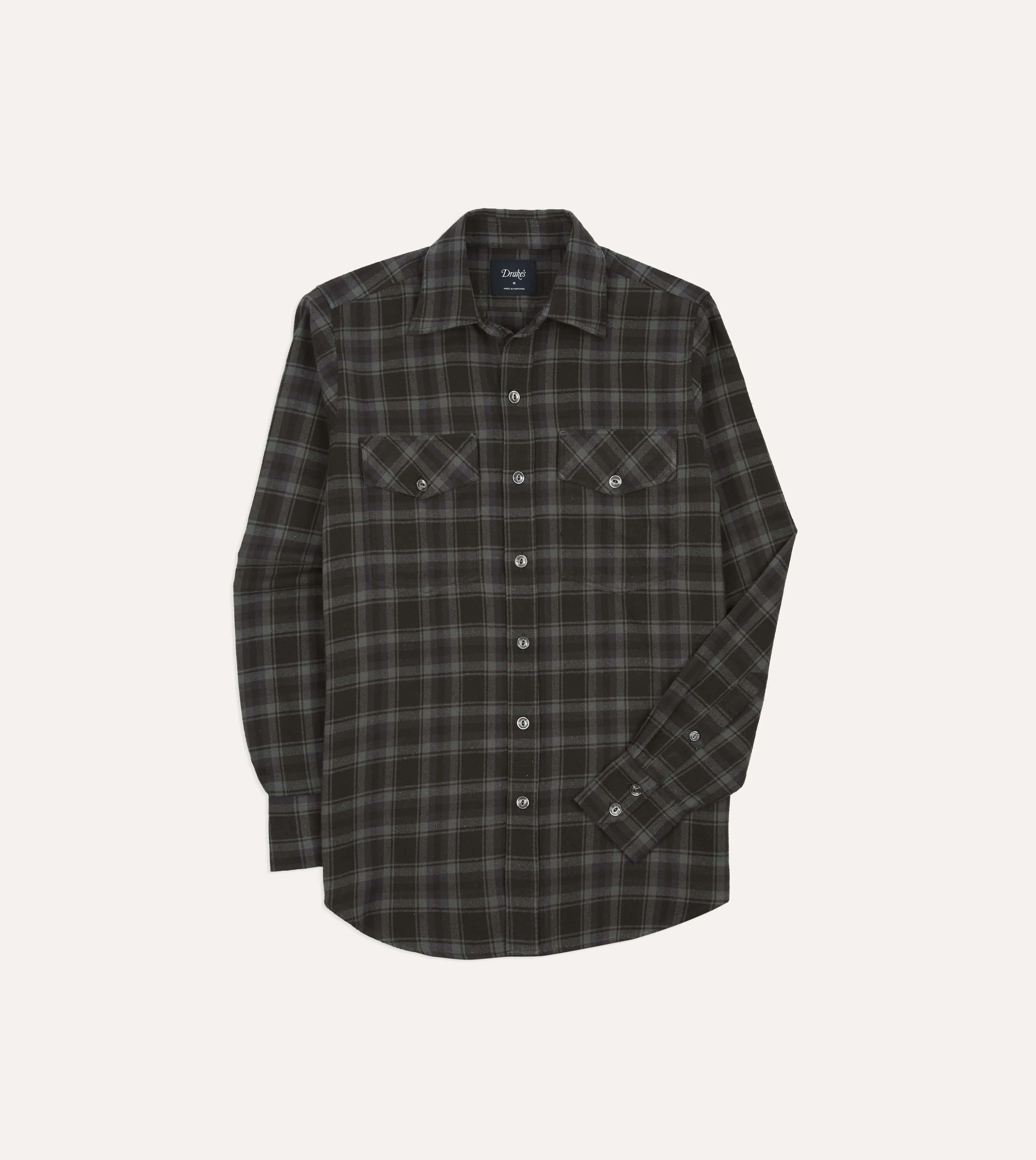 Grey Check Cotton-Silk Two-Pocket Long Point Collar Work Shirt sold by Drake's London product image thumbnail 4