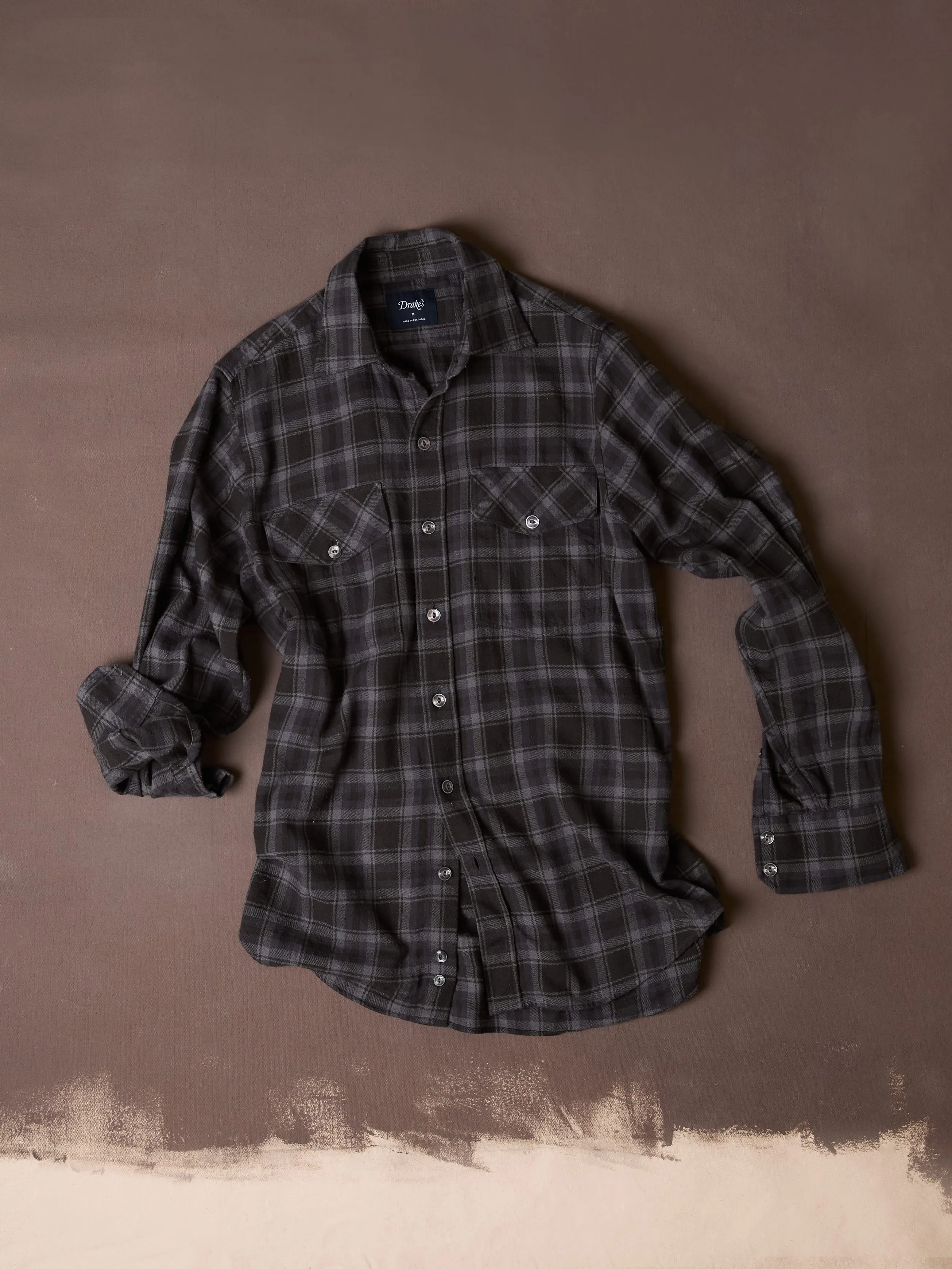 Grey Check Cotton-Silk Two-Pocket Long Point Collar Work Shirt sold by Drake's London product image thumbnail 2