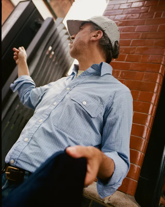 Blue Check Cotton Long Point Collar Shirt made by Drake's London