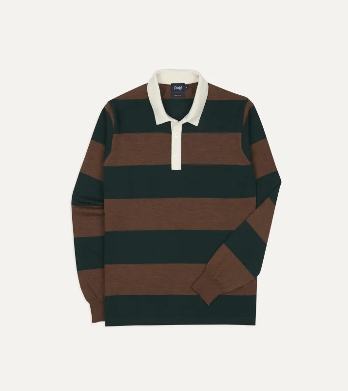 Green and Brown Block Stripe Knitted Rugby Shirt made by Drake's London