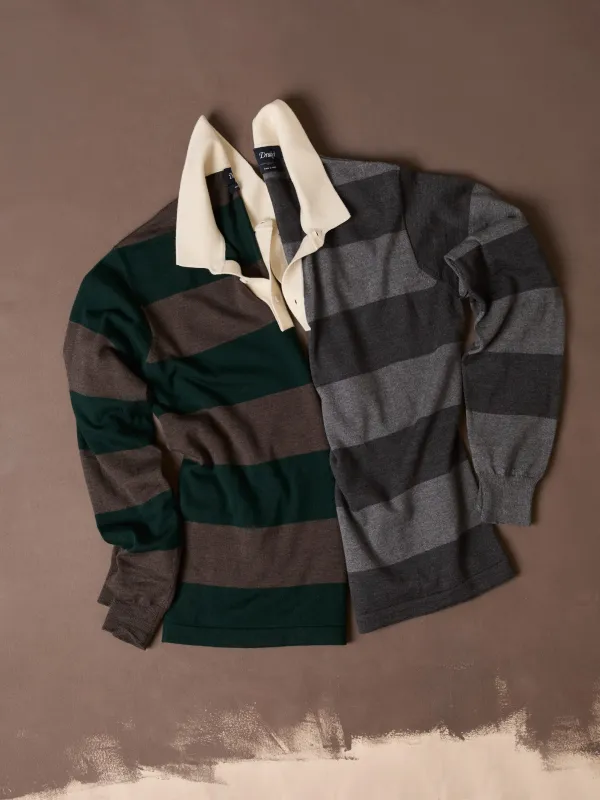 Grey Block Stripe Knitted Rugby Shirt made by Drake's London