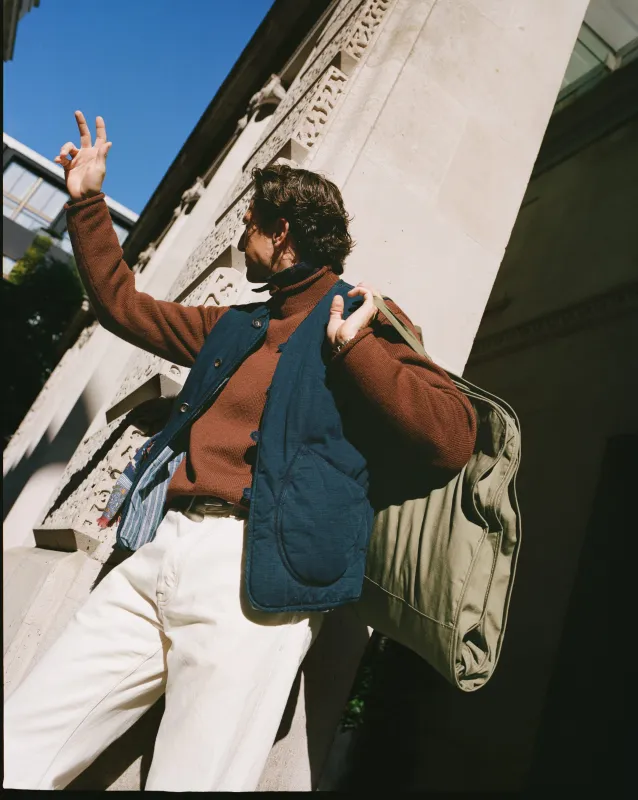 Indigo Cotton Wadded Vest made by Drake's London