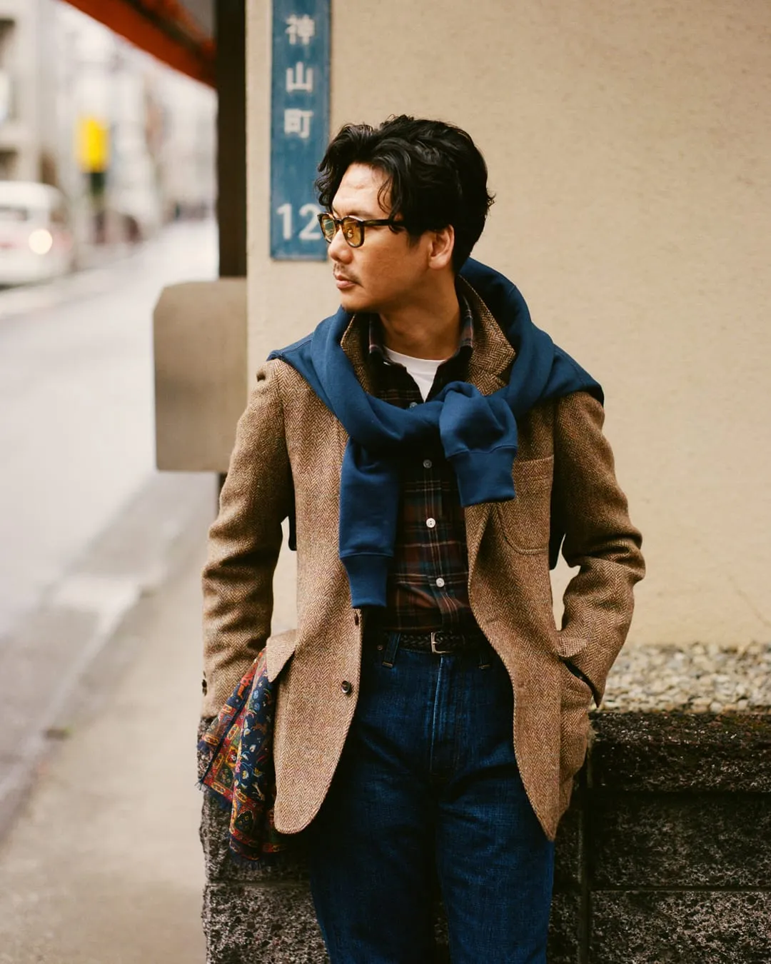 BEAMS F & Drake's Brown Check Cotton Two-Pocket Long Point Collar Work Shirt sold by Drake's London
