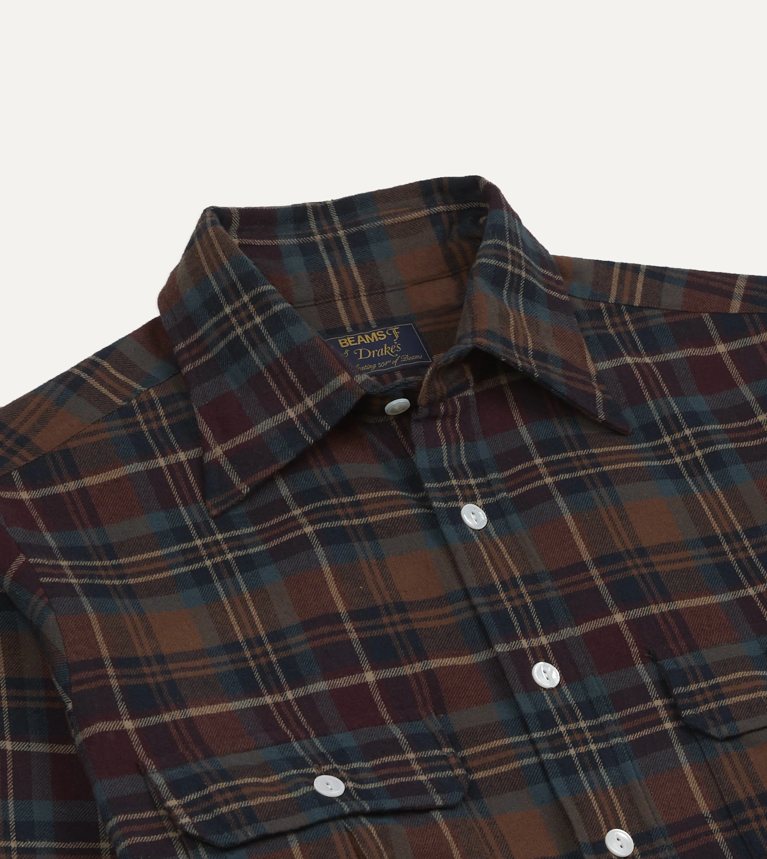 BEAMS F & Drake's Brown Check Cotton Two-Pocket Long Point Collar Work Shirt sold by Drake's London product image thumbnail 4