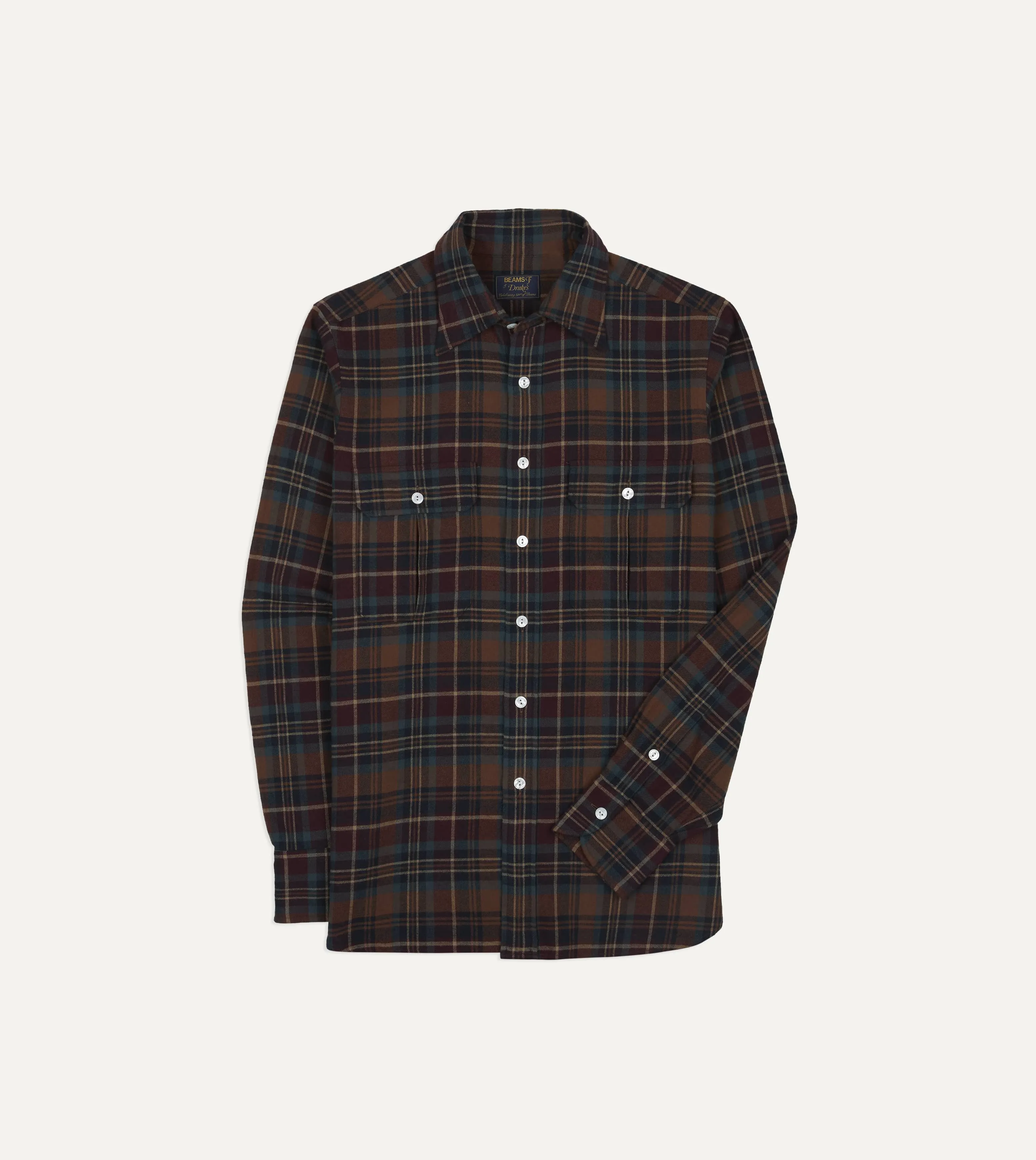 BEAMS F & Drake's Brown Check Cotton Two-Pocket Long Point Collar Work Shirt sold by Drake's London product image thumbnail 2