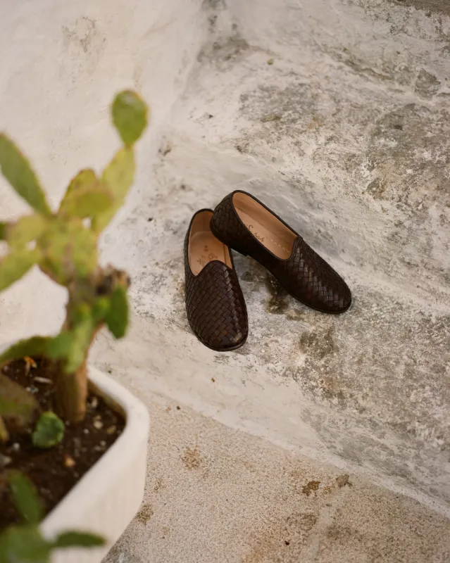 Sabah for Drake's Brown Woven Leather Bolo Shoe made by Drake's London