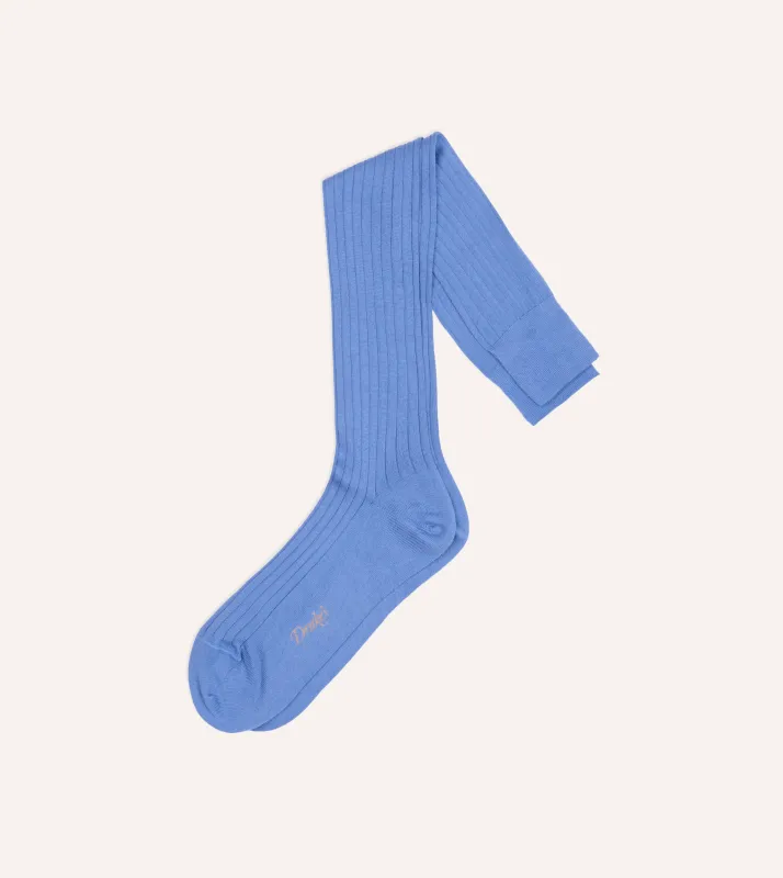 Sky Blue Cotton Over-the-Calf Socks made by Drake's London