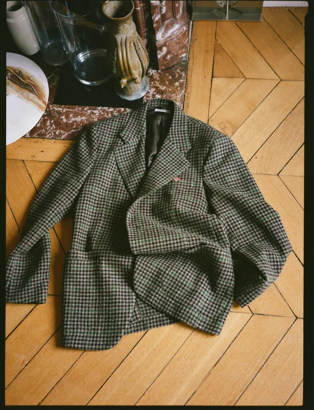 Dark Brown and Green Houndstooth Harris Tweed® Blazer made by Drake's London