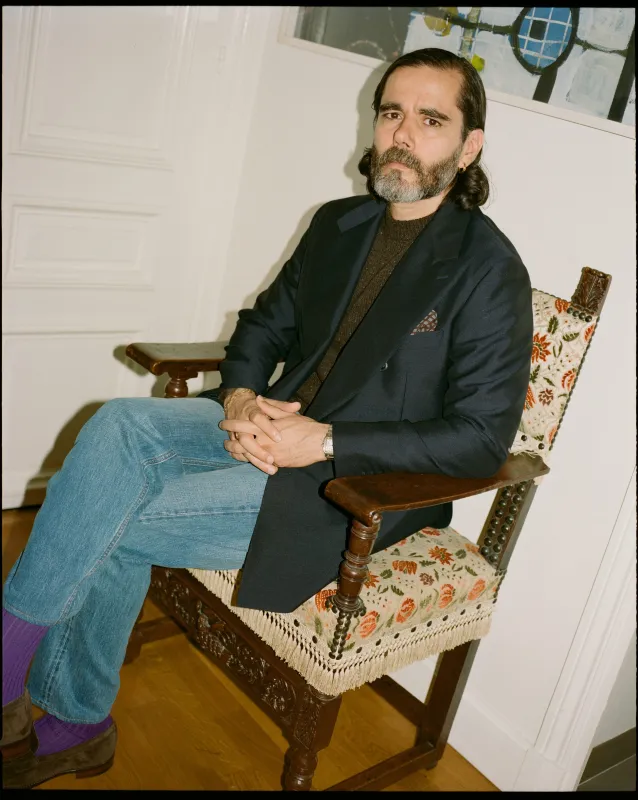 Navy Wool-Mohair Double-Breasted Travel Blazer made by Drake's London