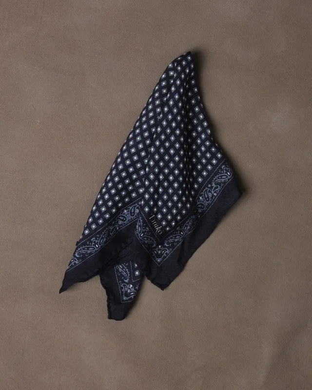 Navy Paisley Border Medallion Print Wool-Silk Pocket Square made by Drake's London