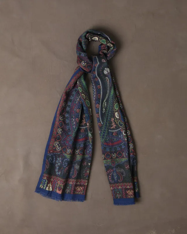 Navy and Green Large Paisley Print Tubular Wool-Silk Scarf made by Drake's London