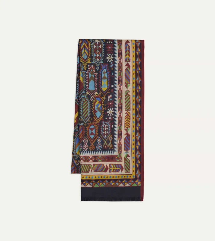 Purple and Navy Woven Print Wool Silk Scarf made by Drake's London