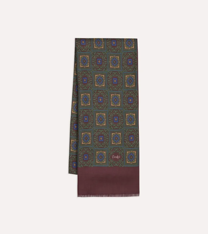 Green and Red Medallion Print Tubular Wool-Silk Scarf made by Drake's London
