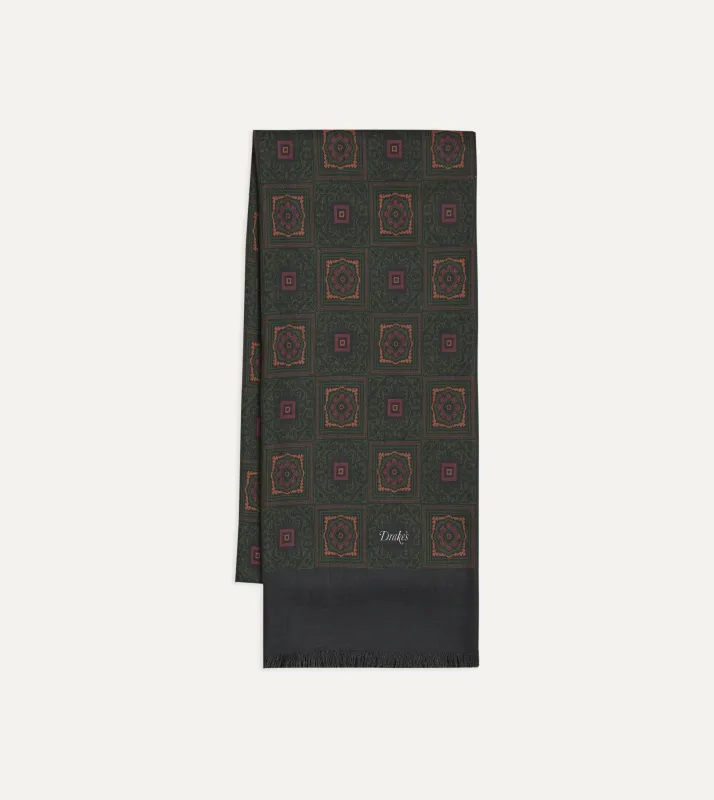 Dark Green and Brown Medallion Print Tubular Wool-Silk Scarf made by Drake's London