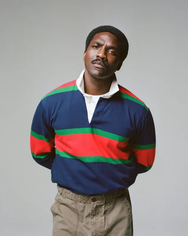 Navy, Red and Green Multi Stripe Cotton Rugby Shirt made by Drake's London