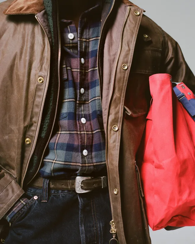 Brown and Green Check Cotton Two-Pocket Long Point Collar Work Shirt made by Drake's London