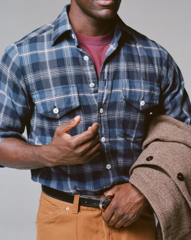 Navy Check Cotton Two-Pocket Long Point Collar Work Shirt made by Drake's London