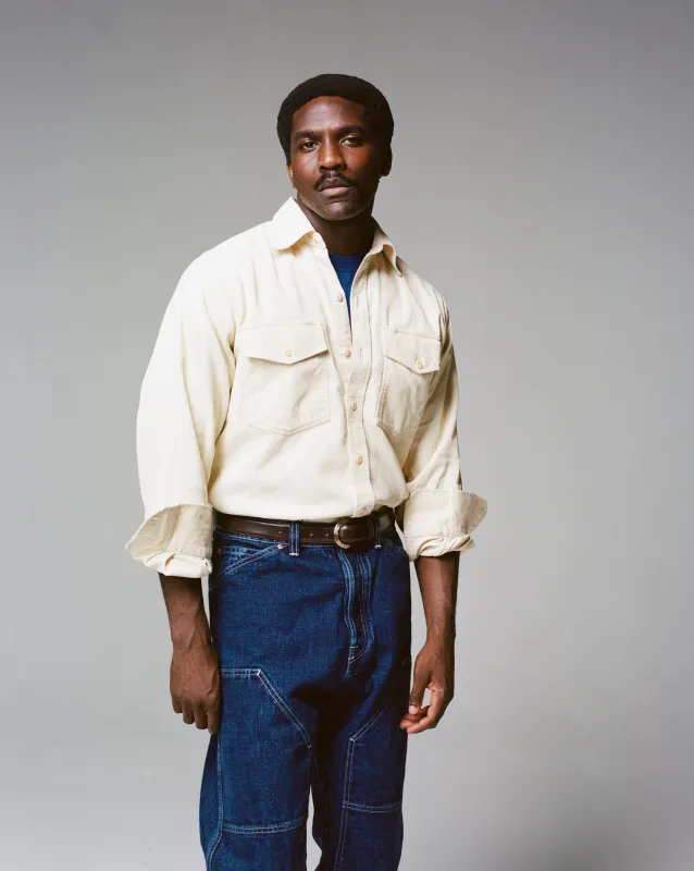 Ecru Corduroy Two-Pocket Long Point Collar Work Shirt made by Drake's London