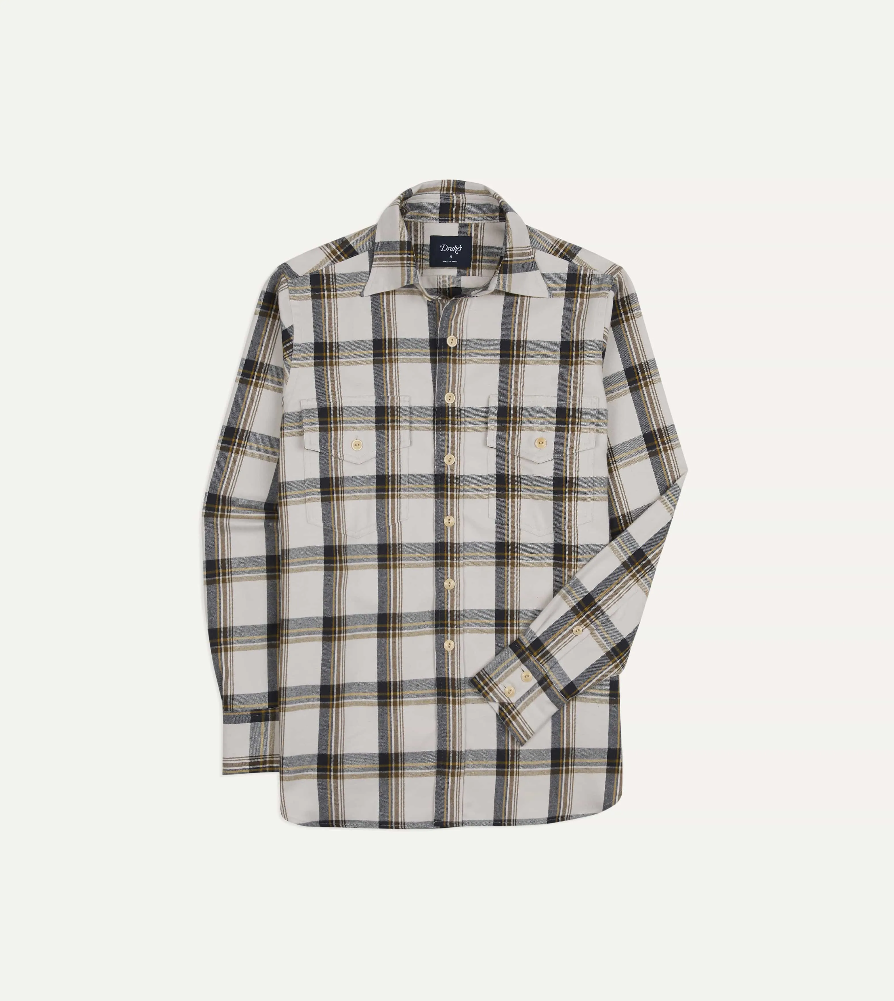Ecru, Brown and Navy Check Cotton Two-Pocket Long Point Collar Work Shirt sold by Drake's London product image thumbnail 4