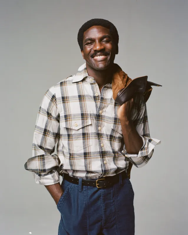 Ecru, Brown and Navy Check Cotton Two-Pocket Long Point Collar Work Shirt made by Drake's London
