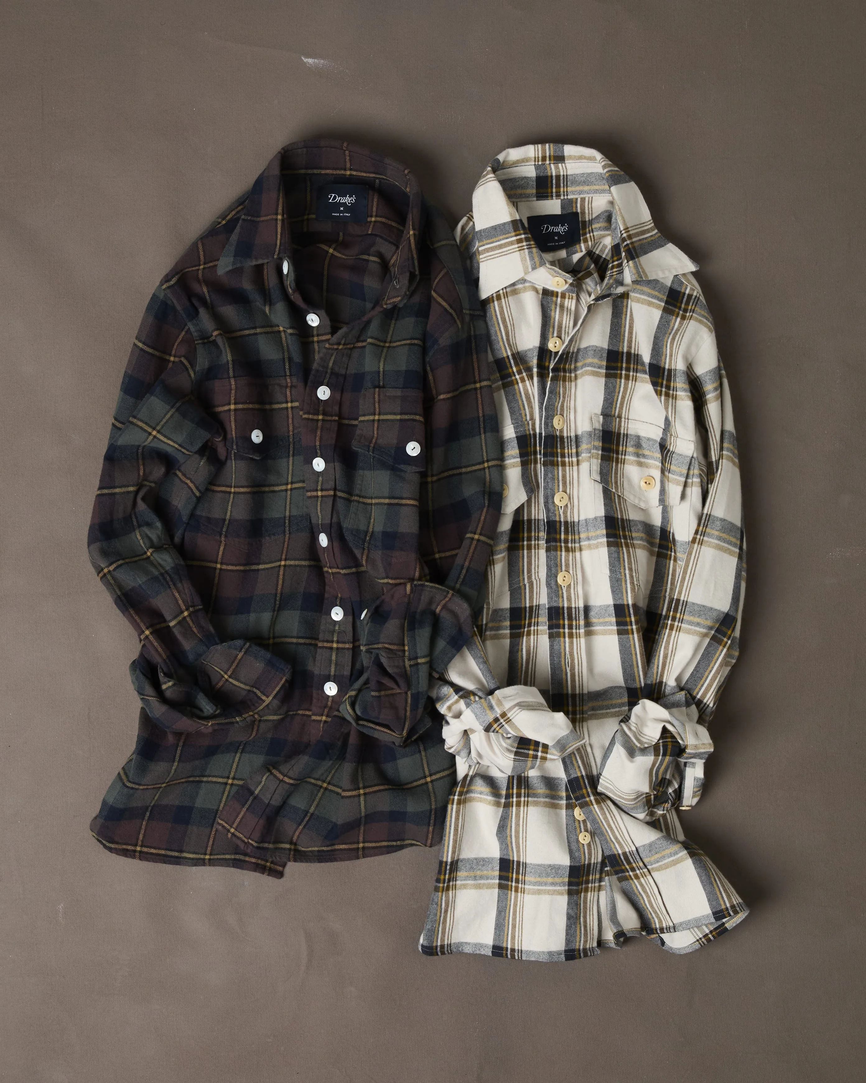 Ecru, Brown and Navy Check Cotton Two-Pocket Long Point Collar Work Shirt sold by Drake's London product image thumbnail 3