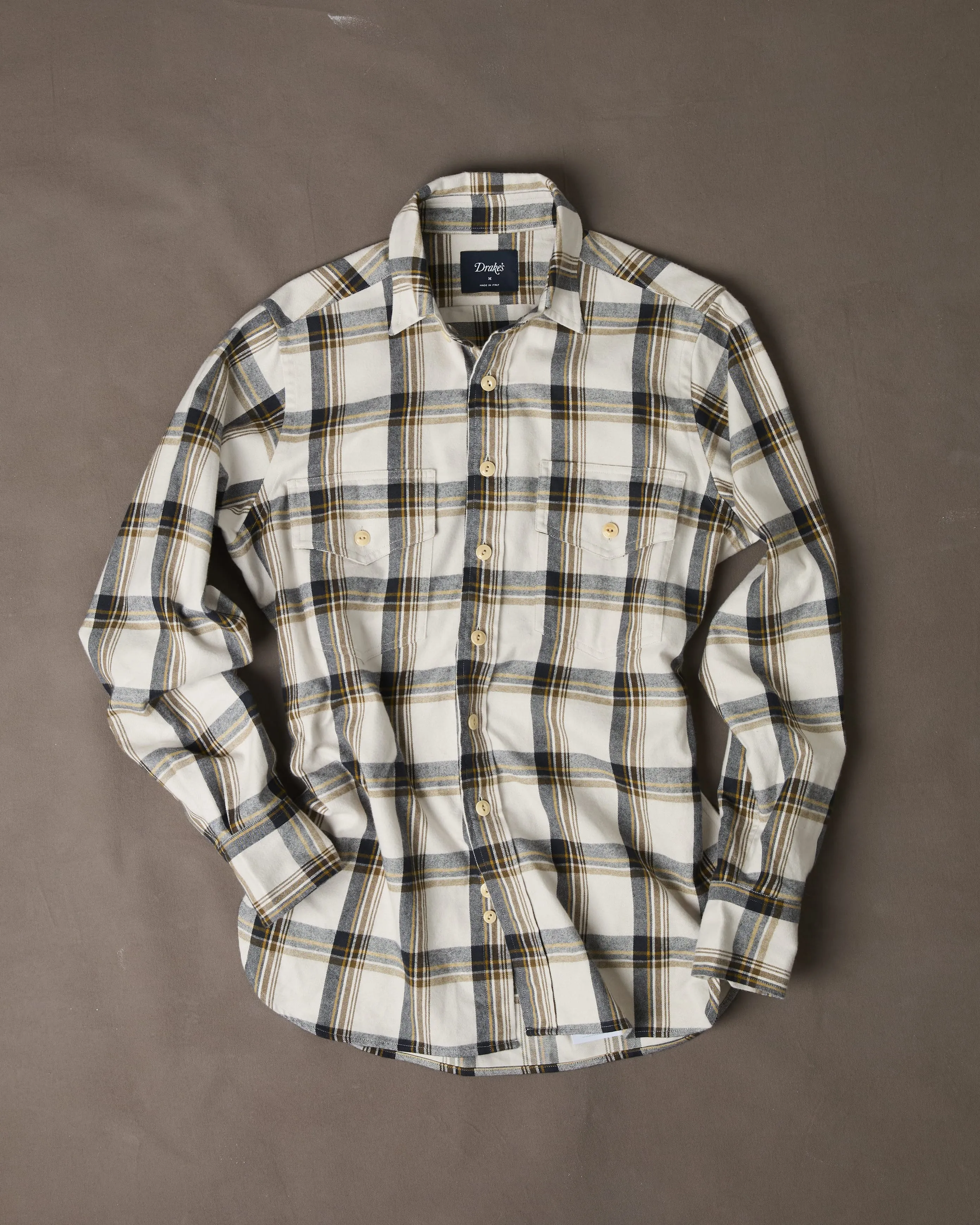Ecru, Brown and Navy Check Cotton Two-Pocket Long Point Collar Work Shirt sold by Drake's London product image thumbnail 2
