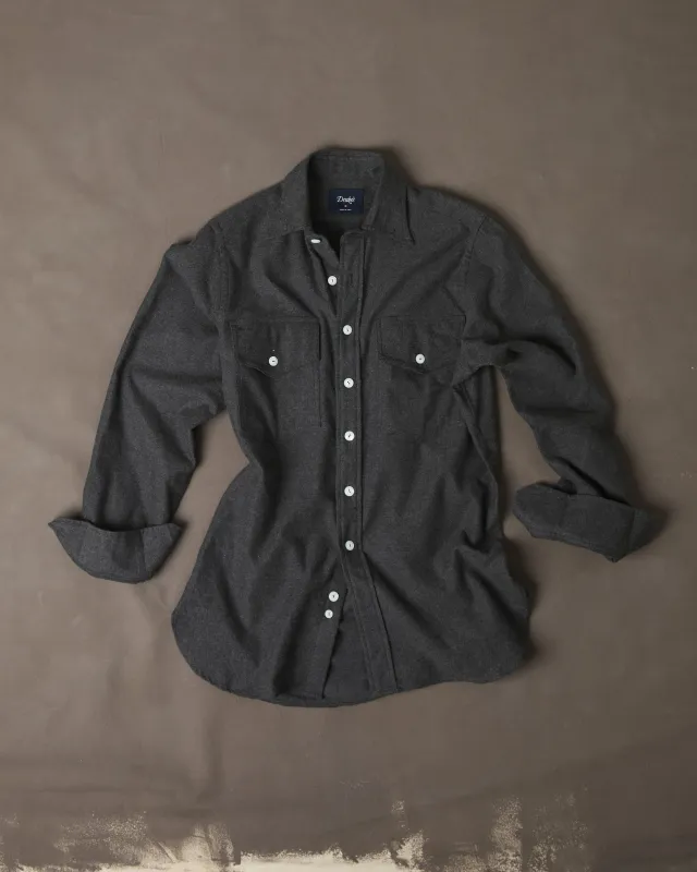 Grey Cotton Two-Pocket Long Point Collar Work Shirt made by Drake's London