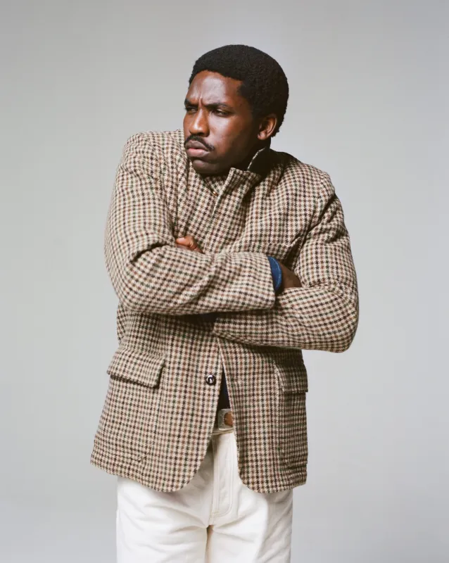 Brown and Green Houndstooth Check Tweed Games Blazer Mk. VII made by Drake's London