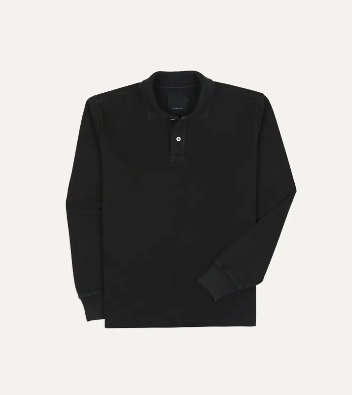 Black Pique Cotton Long-Sleeve Polo Shirt made by Drake's London