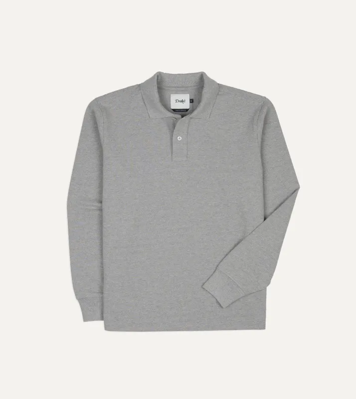 Grey Melange Pique Cotton Long-Sleeve Polo Shirt made by Drake's London
