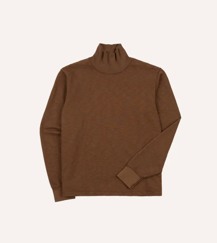 Brown Slub Cotton Long-Sleeve Mock Neck Hiking T-Shirt made by Drake's London