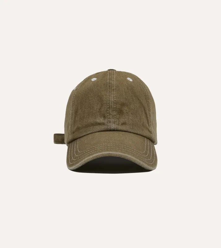Washed Olive Cotton Denim Baseball Cap made by Drake's London