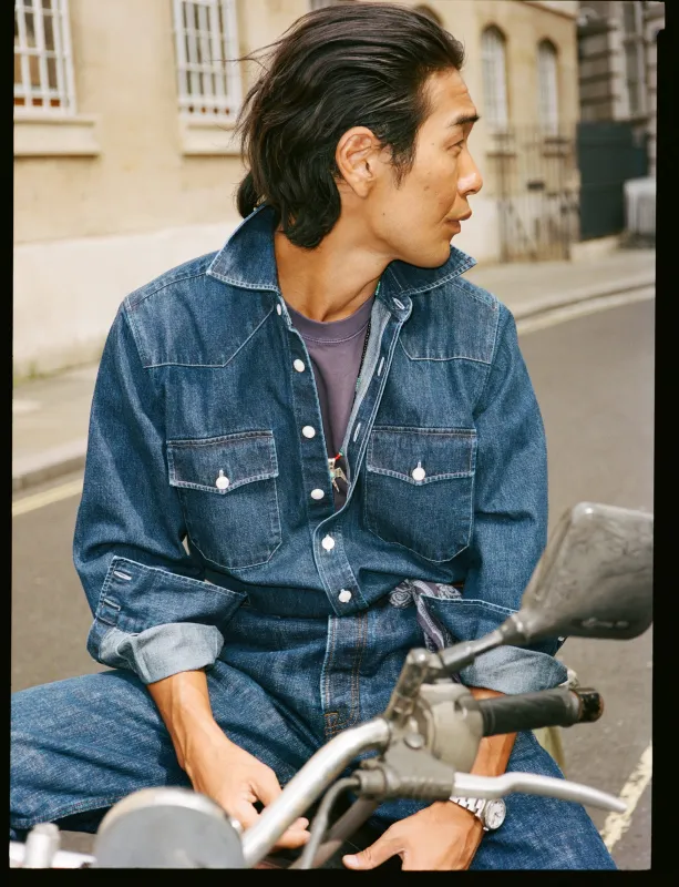 Indigo Rinse Denim Two-Pocket Western Shirt made by Drake's London