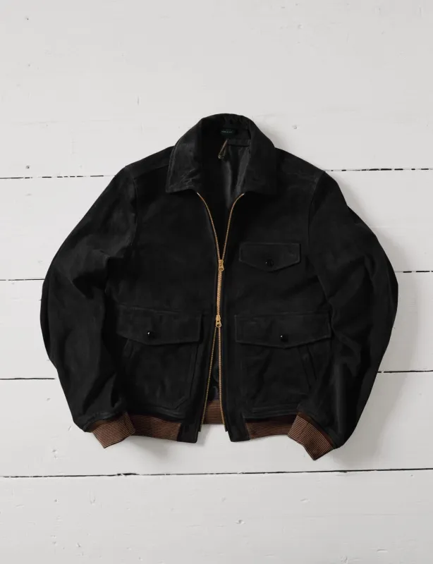 Black Heavyweight Suede A-2 Bomber Jacket made by Drake's London