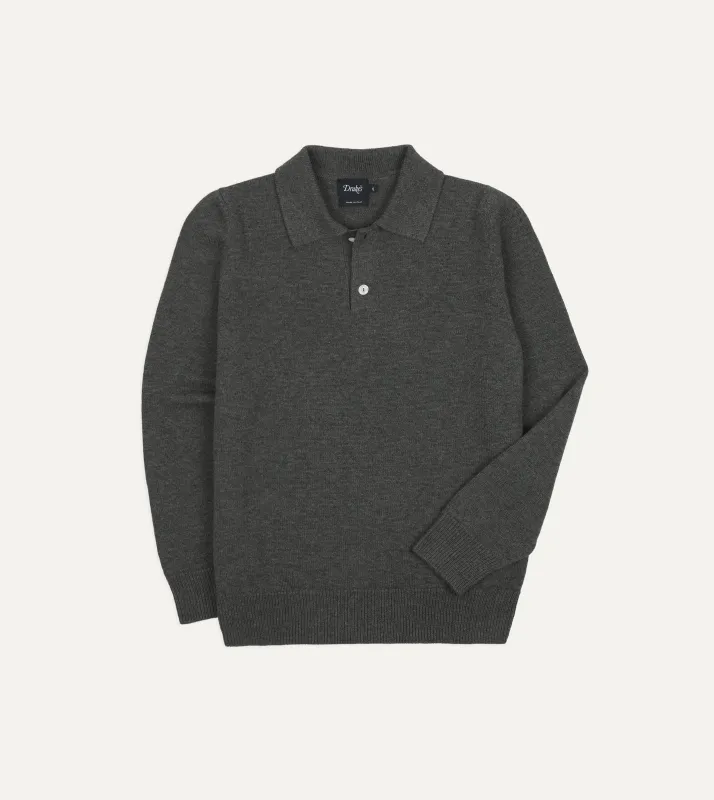 Grey Merino Wool Knitted Polo made by Drake's London
